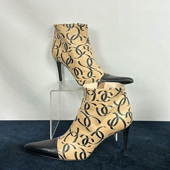 Chanel Tan Black Logo Heeled Booties